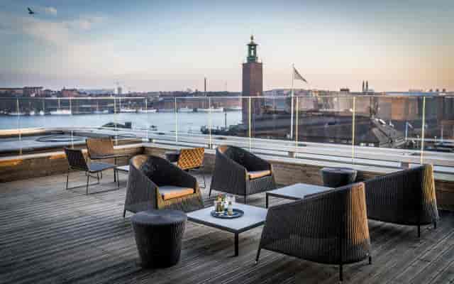Rooftop beer garden in Stockholm with skyline view for premium cocktail receptions and networking.