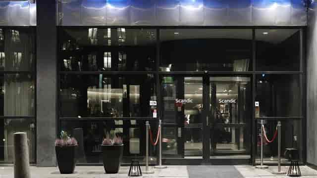 Scandic Alvik hotel entrance with professional lighting for conferences and corporate events.