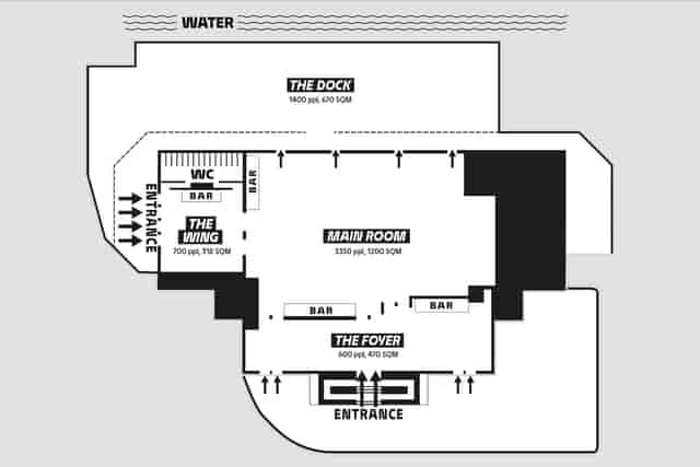 Main Room venue at B-K with outdoor access, ideal for large-scale social events and conferences.