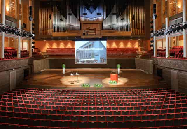 Stockholm Concert Hall keynote stage with professional lighting for corporate events.