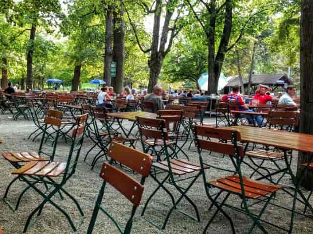 Beer garden event venue in Hillenberg with communal seating for casual corporate networking.