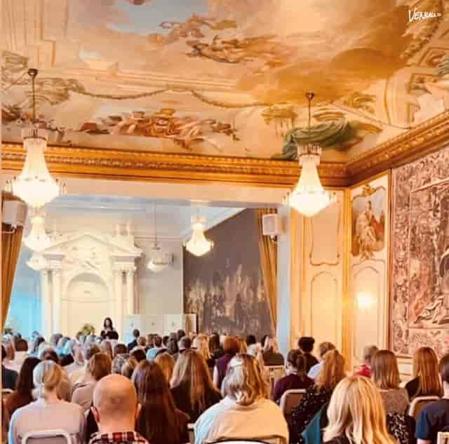 Historic Van der Nootska Palatset venue with ornate columns for elegant corporate events and weddings.