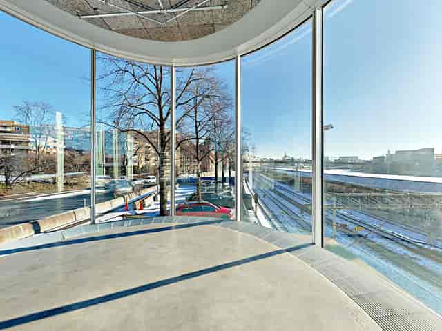 Modern glass event space at Bonniers Konsthall for cocktail receptions and product launches.