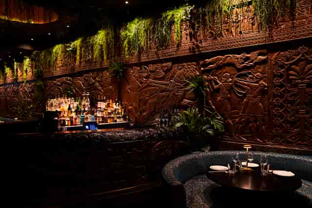 Elegant wooden venue hire in Gilgamesh London for upscale cocktail receptions.