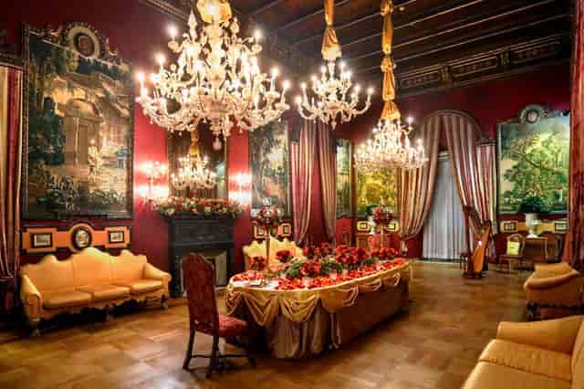 Opulent Sala Rossa at Palazzo Brancaccio for upscale gala and corporate dinner events.