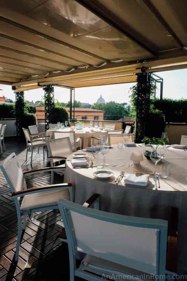 Rooftop hotel suite in Rome with St. Peter’s Basilica view for corporate dinner and incentive event.