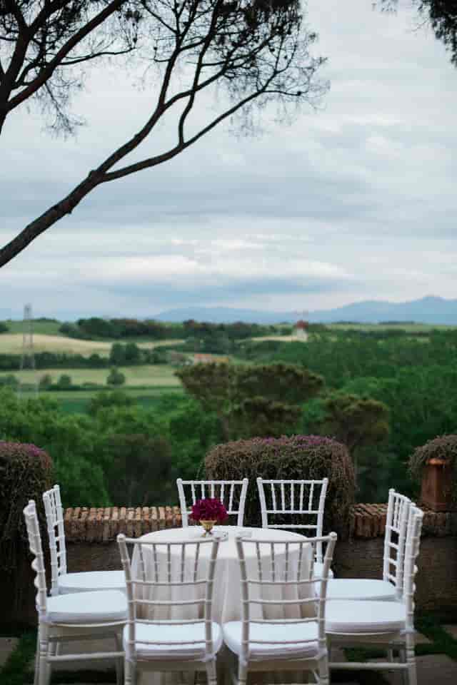 Cloister at Castello di Decima with panoramic views, ideal for outdoor wedding and event venues.
