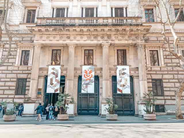 Gala Hall entrance at Brancaccio Palace with branding banners for corporate event and gala venue.