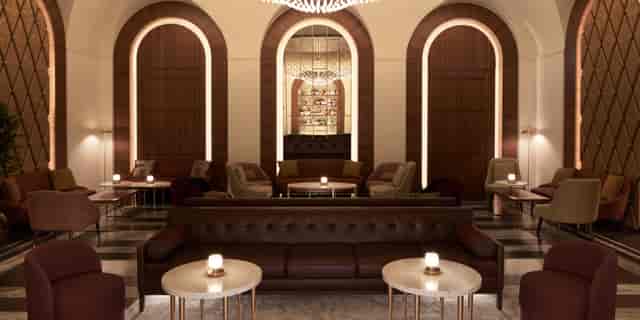Rooftop bar lounge with illuminated arches, perfect for VIP corporate events and networking.