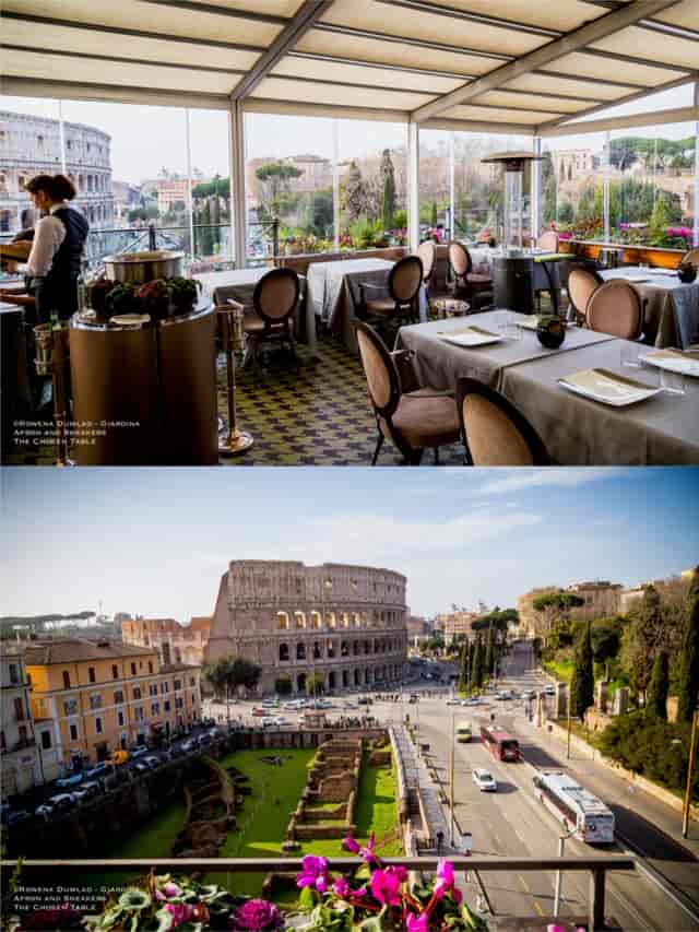 Banquet seating at The Court restaurant with Colosseum view for corporate events and VIP dinners.