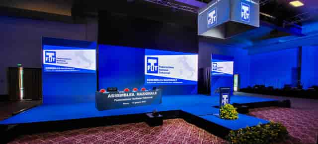 Corporate general session setup with LED screens at Rome Marriott Park Hotel event venue.