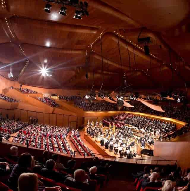 Santa Cecilia Hall interior, tiered auditorium seating for corporate plenary and keynote events.