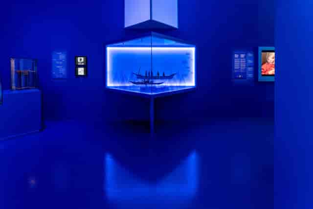 Arctic exhibition at Nordiska museet with blue lighting for immersive museum event spaces.