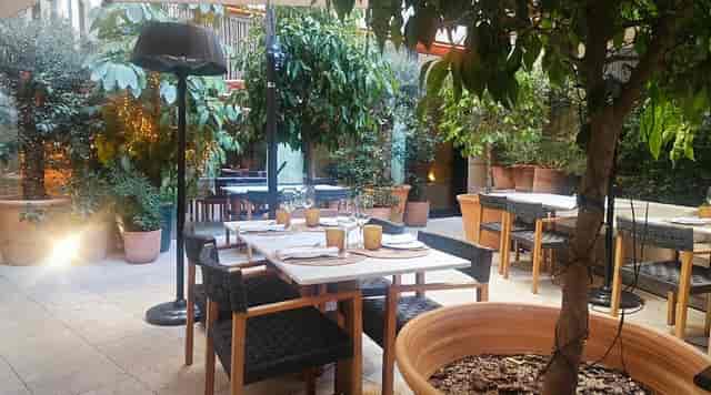 Mar Mía Madrid outdoor terrace with lush greenery for corporate luncheons and cocktail events.