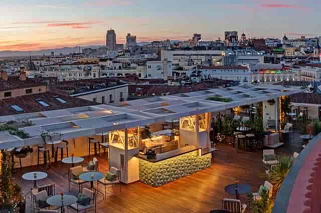 Nota Alta rooftop in UMusic Hotel Madrid with iconic skyline for cocktail receptions and networking.