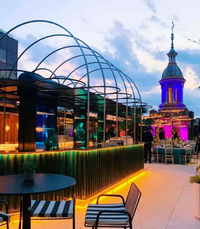 Rooftop venue at Espacio ABC with dramatic lighting for corporate reception or evening gala.
