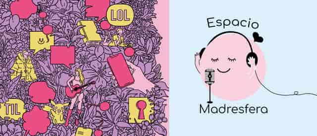 Espacio Madresfera podcast event branding with minimalist logo at Fundación Telefónica.