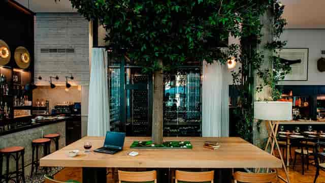 Biophilic hotel dining area for corporate breakout sessions and professional networking events.