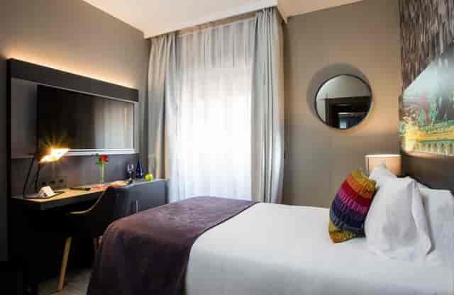 Modern hotel room in Leonardo Boutique Madrid with workspace for business travel and accommodation.