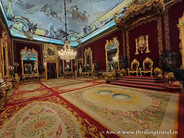 Ornate Royal Palace of Madrid Throne Room for VIP receptions and formal investitures.