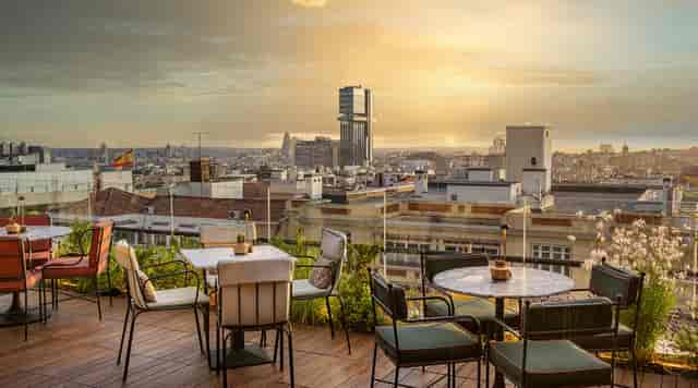 Picos Pardos rooftop bar with city skyline views for sunset receptions and networking events.