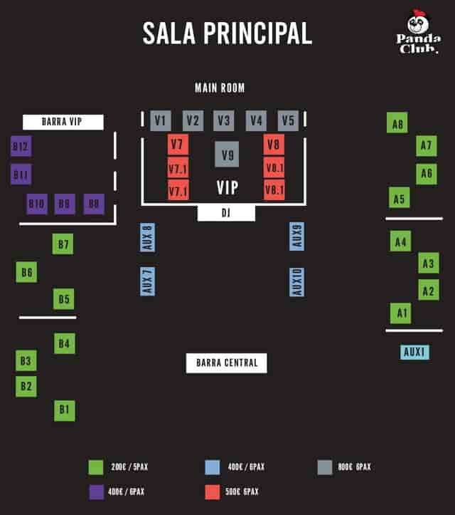 Sala Panda Club main area featuring tiered VIP seating and DJ booth for nightclub events.