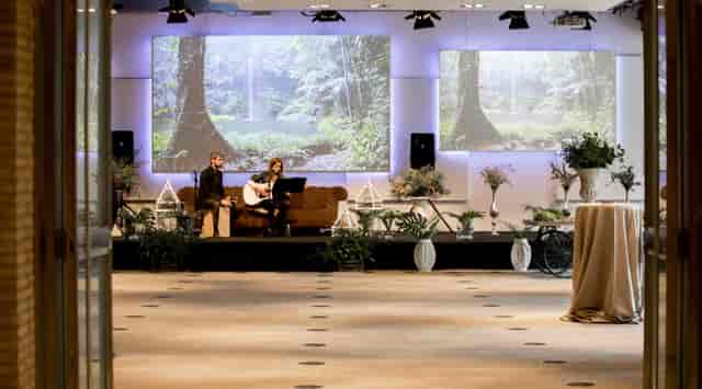 High-end conference room with dual AV projections for corporate events and professional meetings.