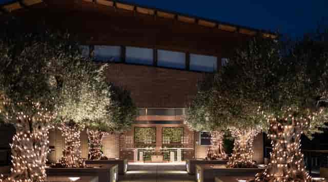 Uzalacaín La Finca conference hall with lit olive trees for evening gala or corporate reception.