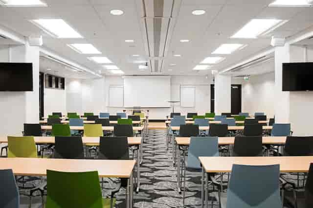 Modern classroom-style meeting room at Hotel C Stockholm for corporate conferences and seminars.