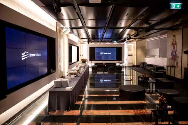 Palazzo Mezzanotte event space with reflective floors for corporate networking and cocktail parties.