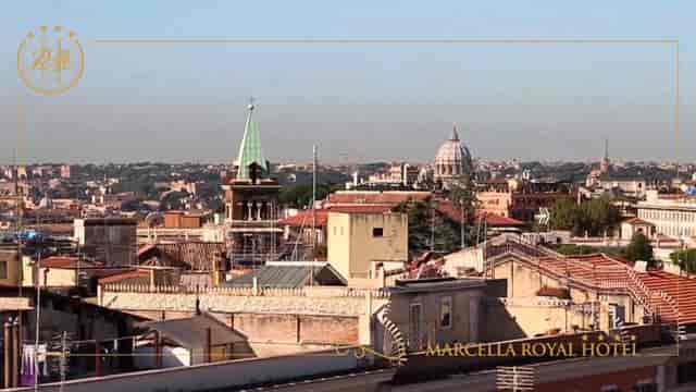 Rooftop garden venue at Marcella Royal Hotel with panoramic Roman skyline for corporate receptions.