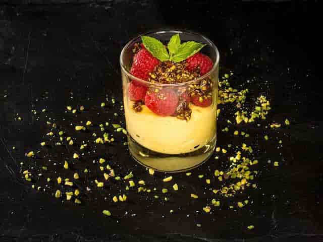 Elegant individual dessert in glass for cocktail reception and luxury gala catering.