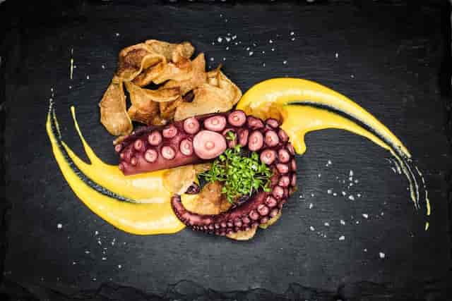 Plated octopus entrée at Up Restaurant, ideal for executive dinners and sophisticated receptions.