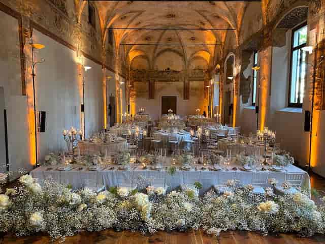 Salone degli Affreschi event space with elegant floral decor for luxury weddings and corporate galas.