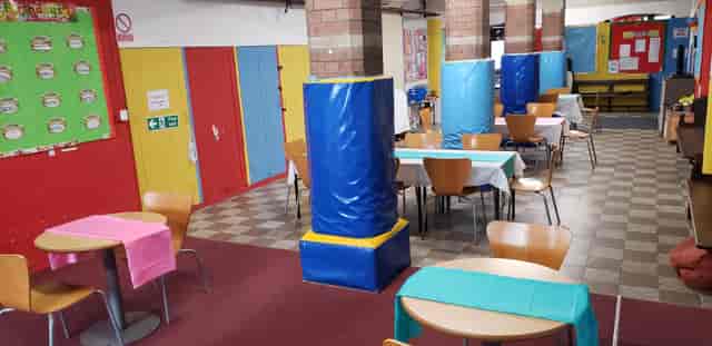 Arrandale Room at St Anne's with structural pillars, ideal for small church events or workshops.