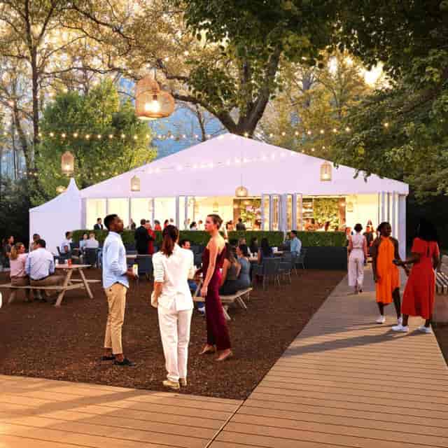 Clear-span structure at Sunken Garden Bloomsbury for luxury wedding and corporate event venue.
