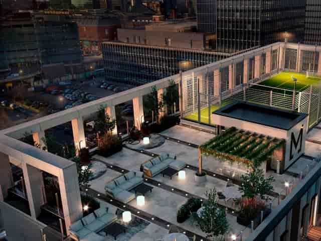 Sky lounge at Angel Gardens: modern rooftop venue for corporate networking and cocktail events.