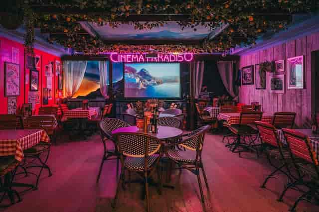 Cinema Paradiso at Pizza Pilgrims: intimate corporate event space with bistro-style seating.