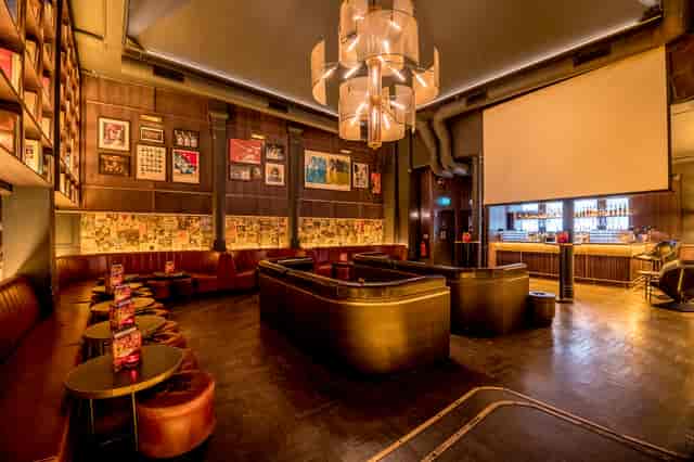 Backstage lounge at Eastcheap Records: upscale networking and private conference event space.