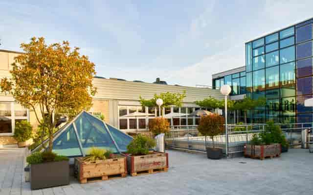 Modern outdoor terrace at eins0eins for corporate event breakout sessions or cocktail receptions.