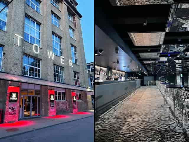 Industrial nightclub venue in Tower with backlit bar for corporate evening reception and networking.