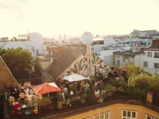 Rooftop terrace in Altstadt Vienna with city skyline view for evening receptions and events.