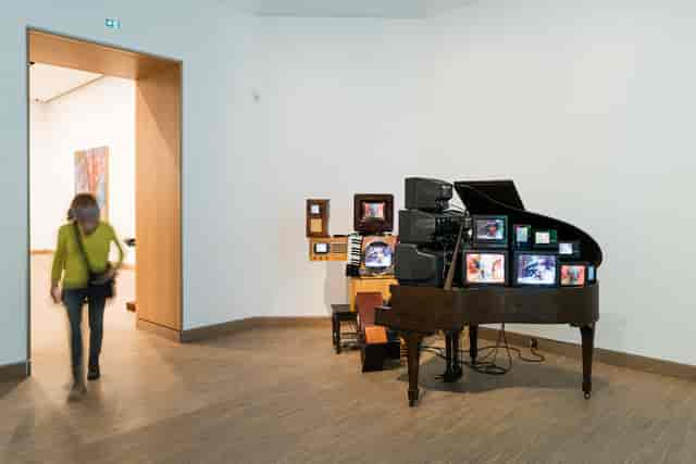 AV installation in Albertina Museum, Vienna: cluttered cables in gallery event space.