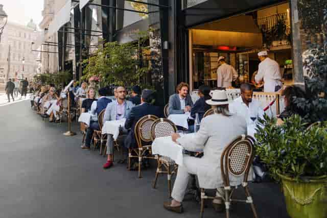 Meissl & Schadn street-side setup: upscale networking reception and corporate dinner venue.