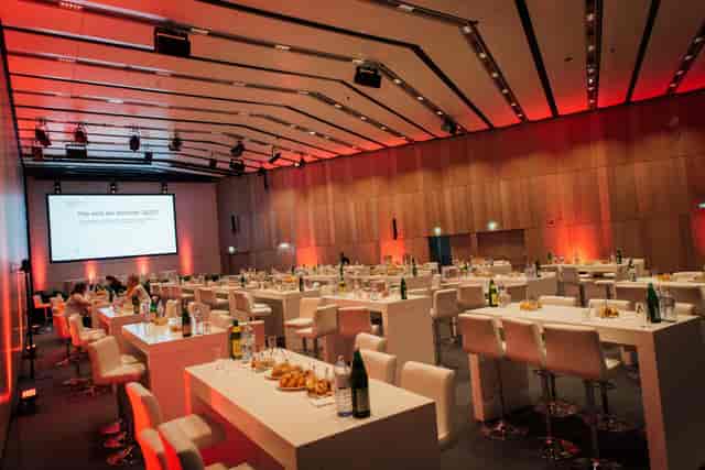 Modern ballroom event space for networking receptions and workshops at CUBE14.