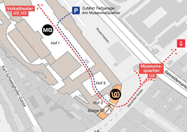 WEST/MQ wayfinding map for MuseumsQuartier venue accessibility and guest arrivals.