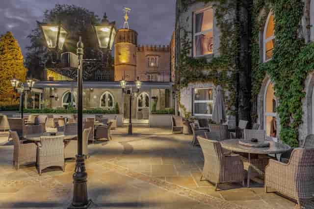 Cabra Castle terrace with ambient lighting for outdoor networking receptions and gala events.