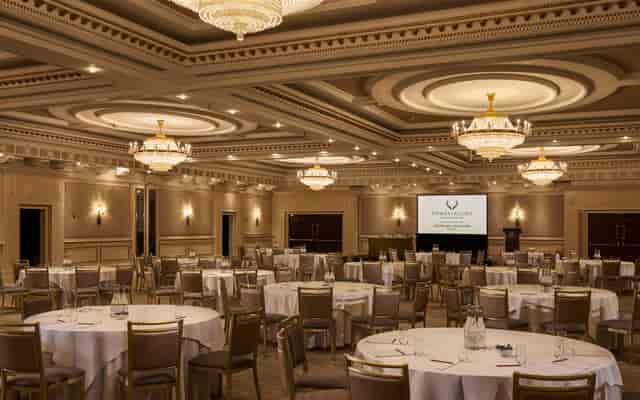 The Douglas ballroom at Powerscourt Hotel: elegant corporate conference and event space setup.