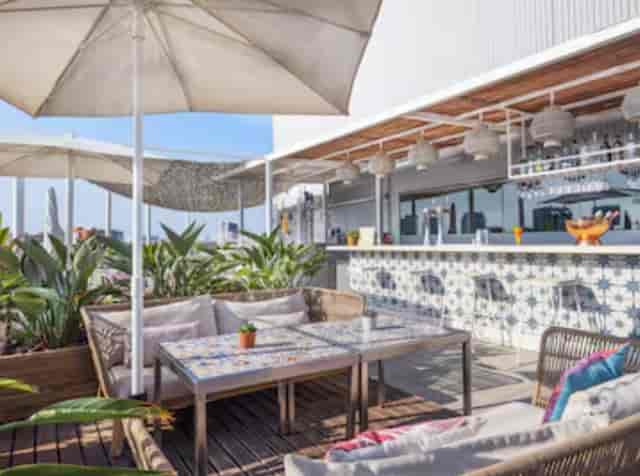 Rooftop networking mixer at Hotel Barcelona Condal Mar with lush greenery and lounge seating.
