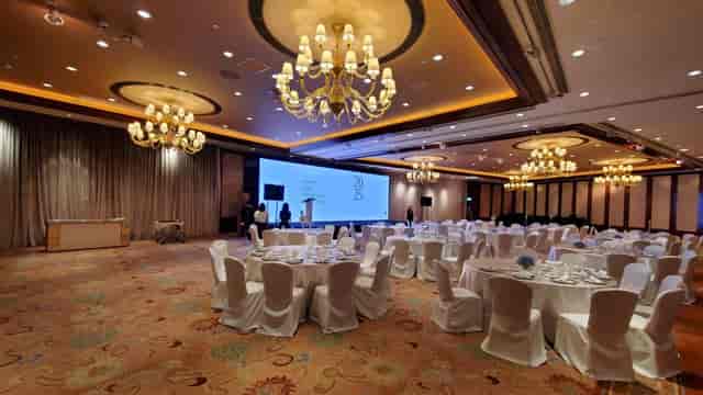 Grand Ballroom at Conrad Hong Kong: elegant chandeliers for formal events and conferences.